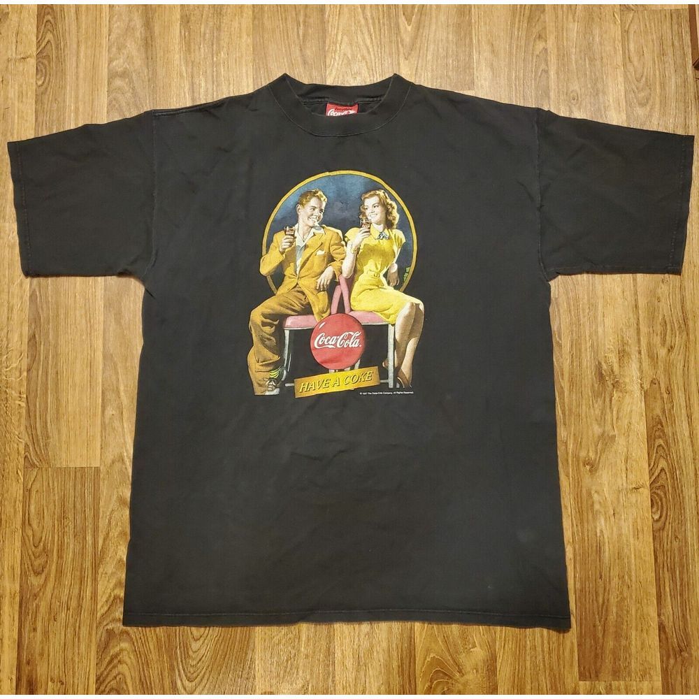 Vintage 90s Coca-Cola‎ Shirt Adult XL Black 50s Diner Have A Coke Big Logo 1997